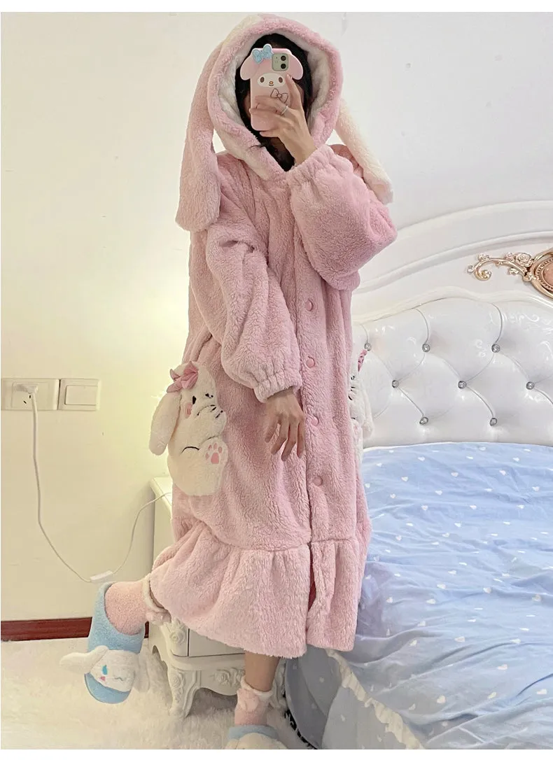 Lop Ear Rabbit Pink Thick Plush Fleece Winter Pajamas Hooded Bathrobe & Pants Set