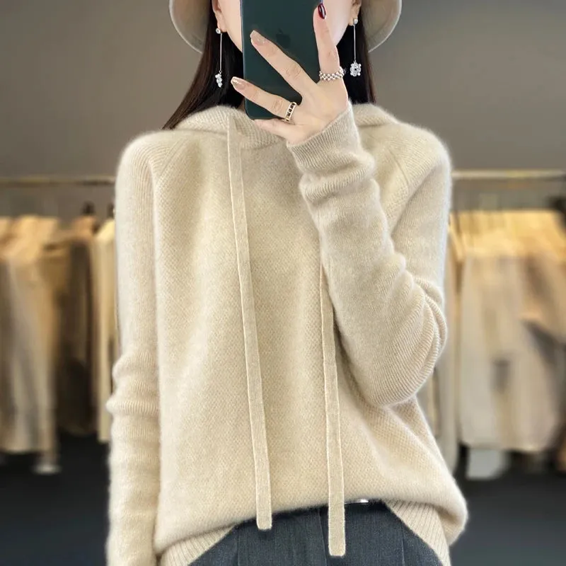 LVSANW 100% Merino wool hoodie Fall/winter new cashmere sweater Women's O-neck hoodie warm bottom knit shirt top