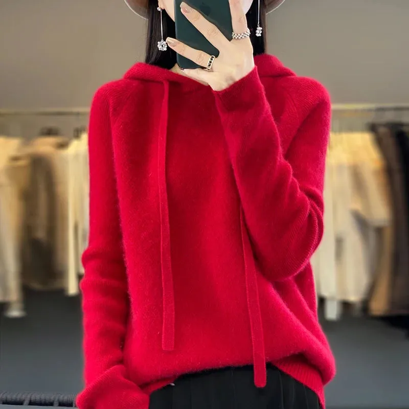 LVSANW 100% Merino wool hoodie Fall/winter new cashmere sweater Women's O-neck hoodie warm bottom knit shirt top