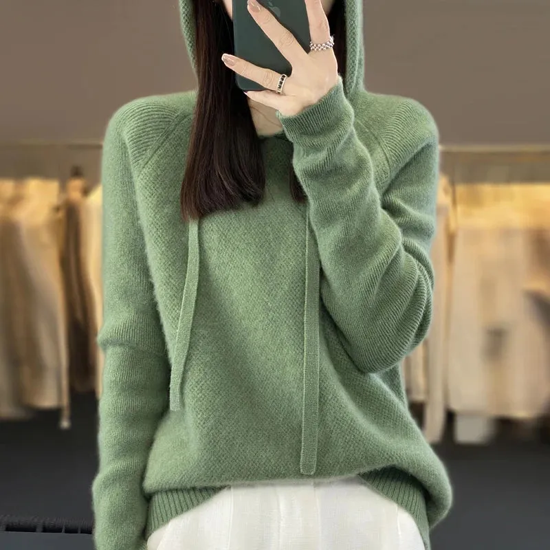LVSANW 100% Merino wool hoodie Fall/winter new cashmere sweater Women's O-neck hoodie warm bottom knit shirt top
