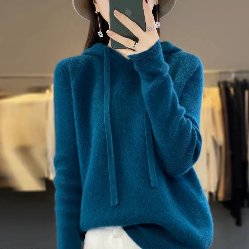 LVSANW 100% Merino wool hoodie Fall/winter new cashmere sweater Women's O-neck hoodie warm bottom knit shirt top