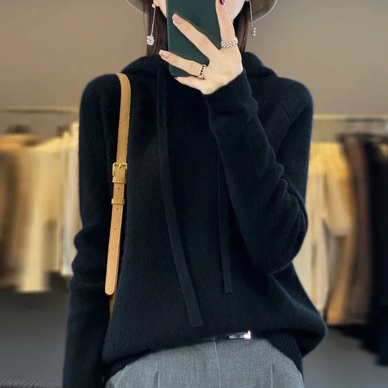 LVSANW 100% Merino wool hoodie Fall/winter new cashmere sweater Women's O-neck hoodie warm bottom knit shirt top