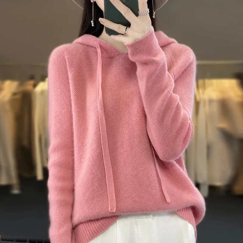 LVSANW 100% Merino wool hoodie Fall/winter new cashmere sweater Women's O-neck hoodie warm bottom knit shirt top