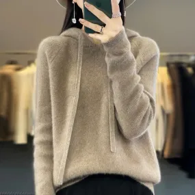 LVSANW 100% Merino wool hoodie Fall/winter new cashmere sweater Women's O-neck hoodie warm bottom knit shirt top
