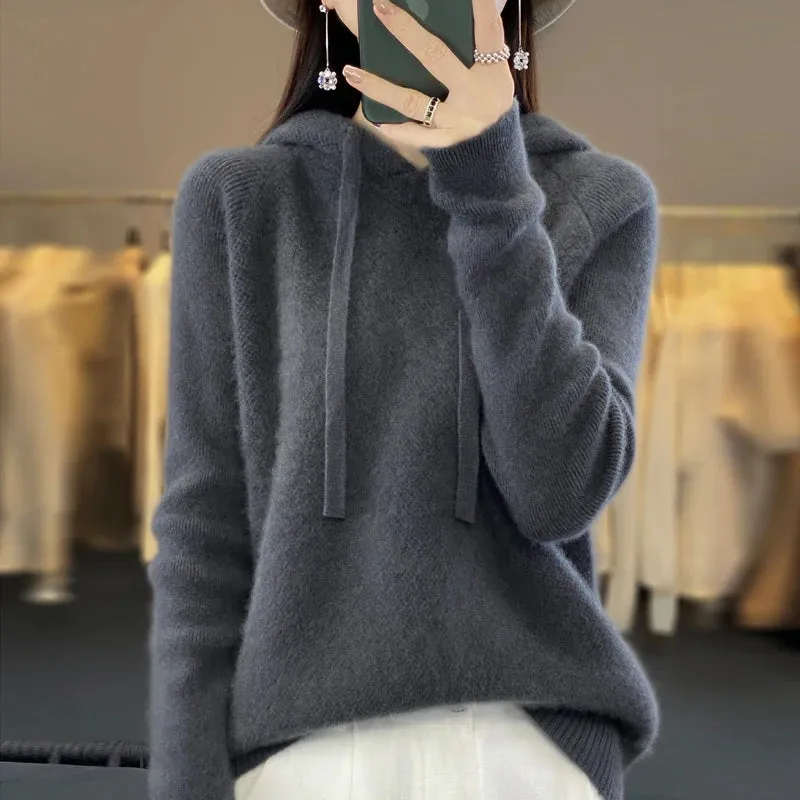 LVSANW 100% Merino wool hoodie Fall/winter new cashmere sweater Women's O-neck hoodie warm bottom knit shirt top