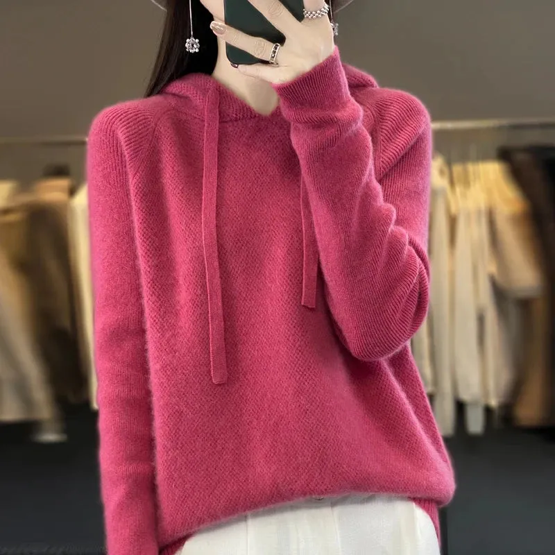 LVSANW 100% Merino wool hoodie Fall/winter new cashmere sweater Women's O-neck hoodie warm bottom knit shirt top