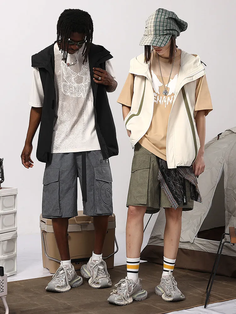 Meichao Mountain system waterproof woven fabric letter printed color stripes elastic rope clip hooded vest