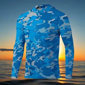 Men's Long Sleeve Hooded Fishing Shirts UPF50  Blue Camo