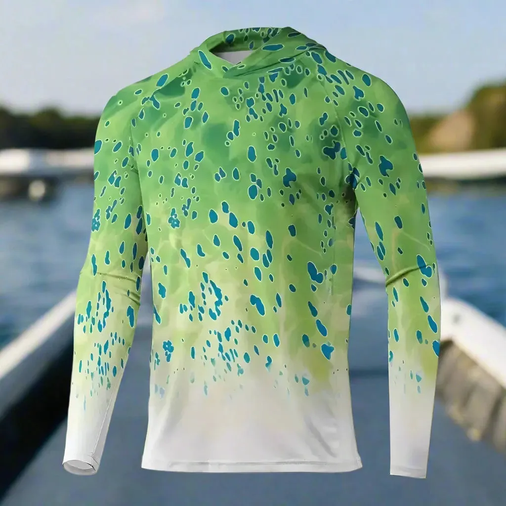 Men's Long Sleeve Hooded Fishing Shirts UPF50  Green Mahi Mahi