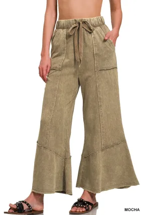 MOCHA EXPOSED-SEAM FLARE HEM PANTS WITH POCKETS