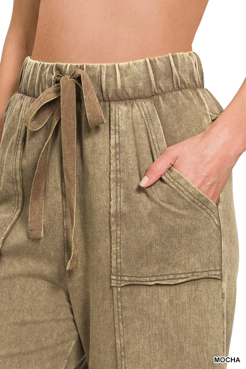 MOCHA EXPOSED-SEAM FLARE HEM PANTS WITH POCKETS