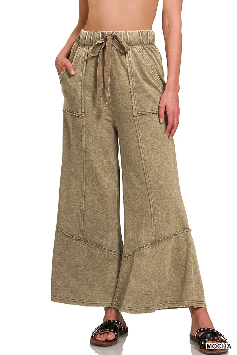 MOCHA EXPOSED-SEAM FLARE HEM PANTS WITH POCKETS