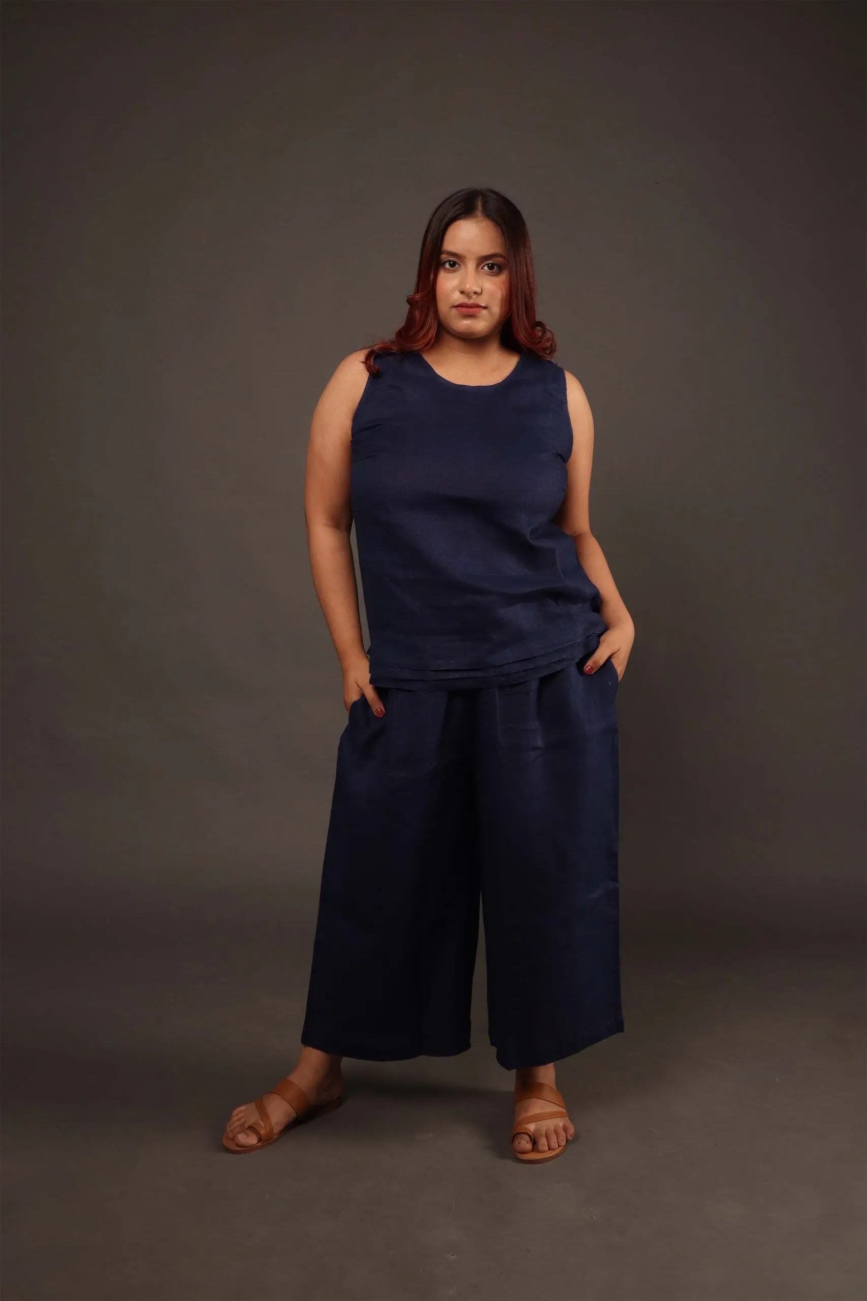 Navy Blue Cropped Wide Leg Pants