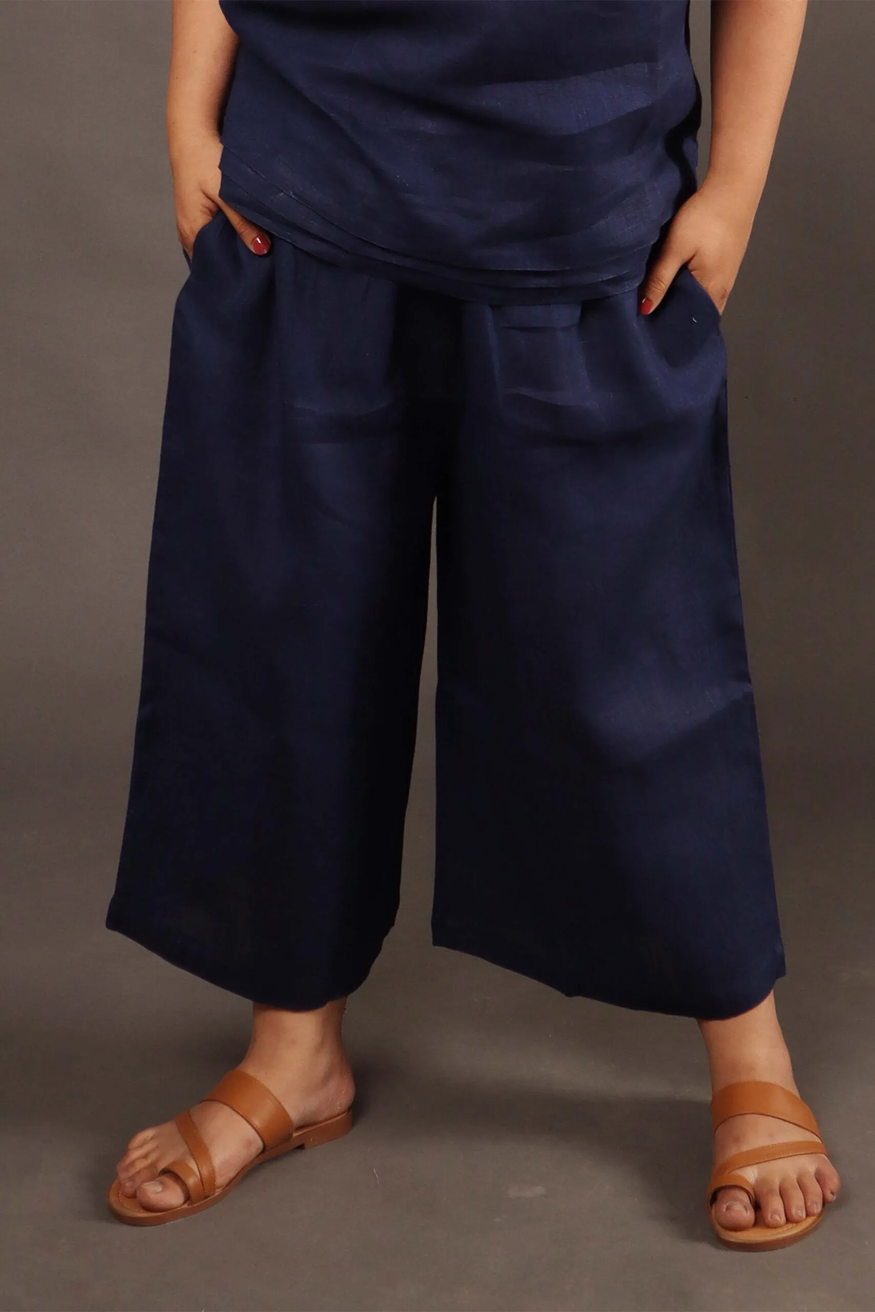 Navy Blue Cropped Wide Leg Pants