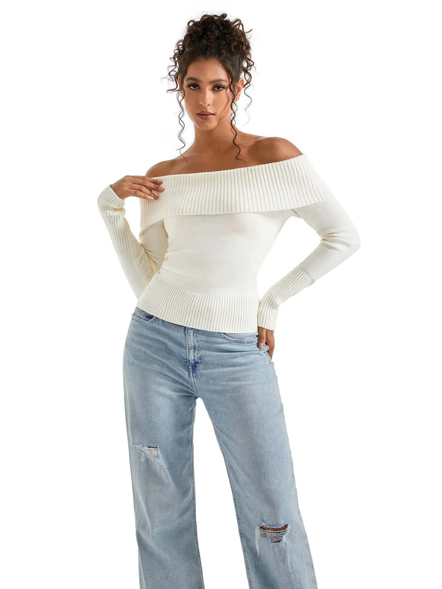 Ribbed Off Shoulder Sweater Shirt - Long Sleeve