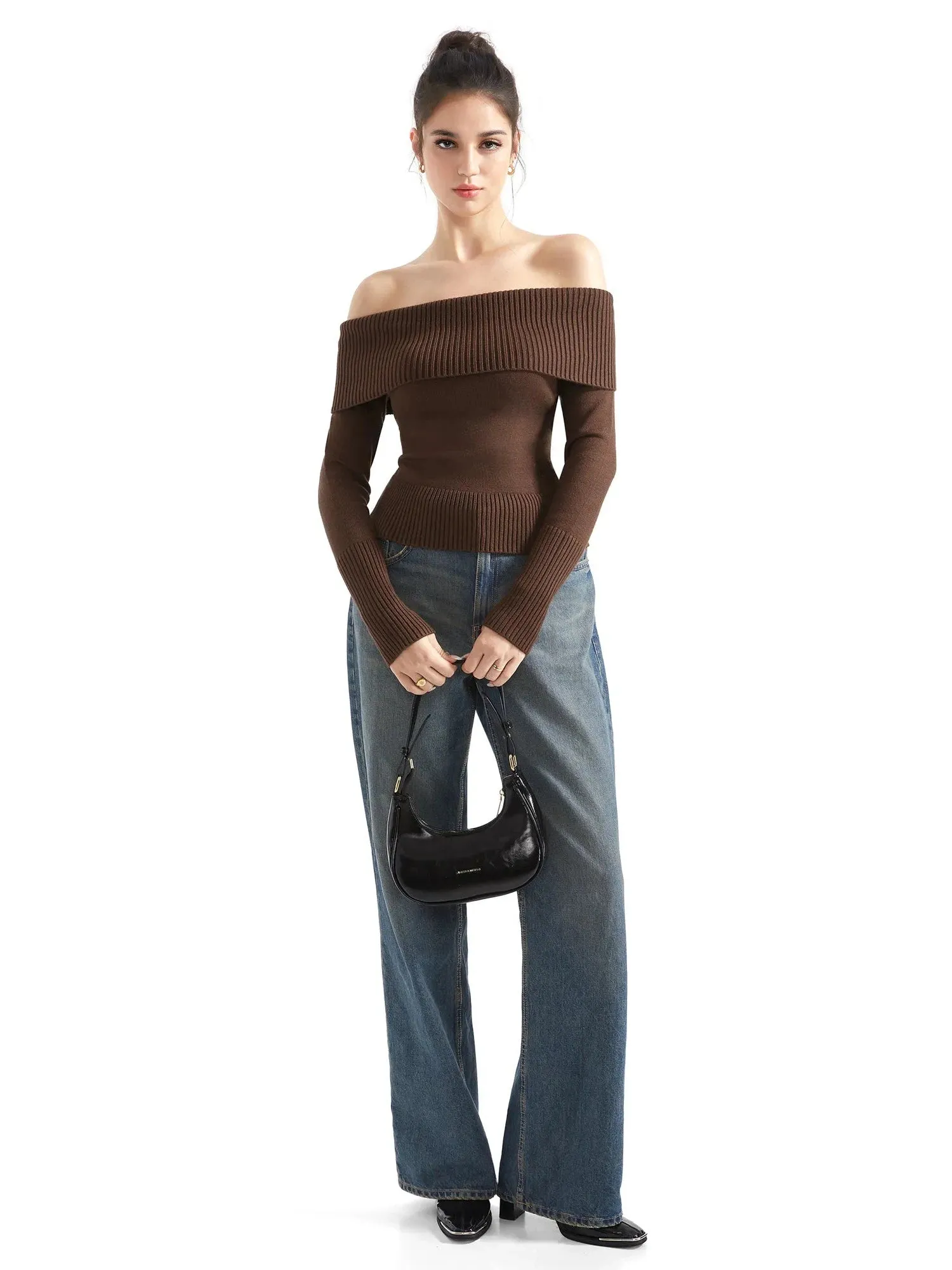 Ribbed Off Shoulder Sweater Shirt - Long Sleeve
