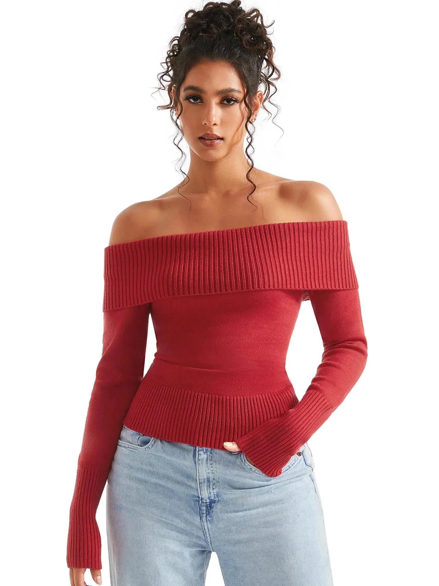 Ribbed Off Shoulder Sweater Shirt - Long Sleeve