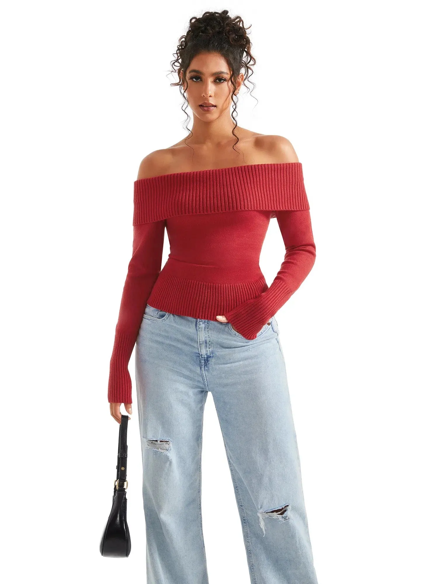 Ribbed Off Shoulder Sweater Shirt - Long Sleeve