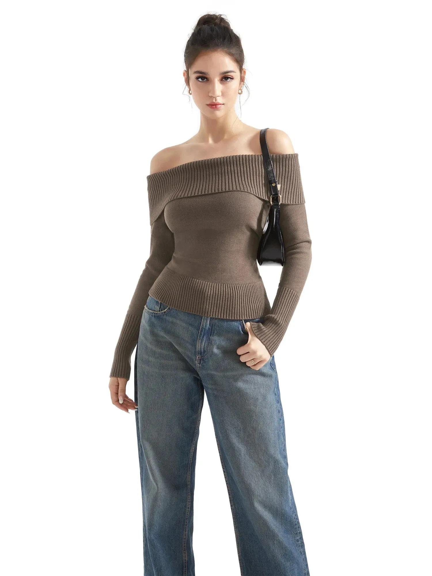 Ribbed Off Shoulder Sweater Shirt - Long Sleeve
