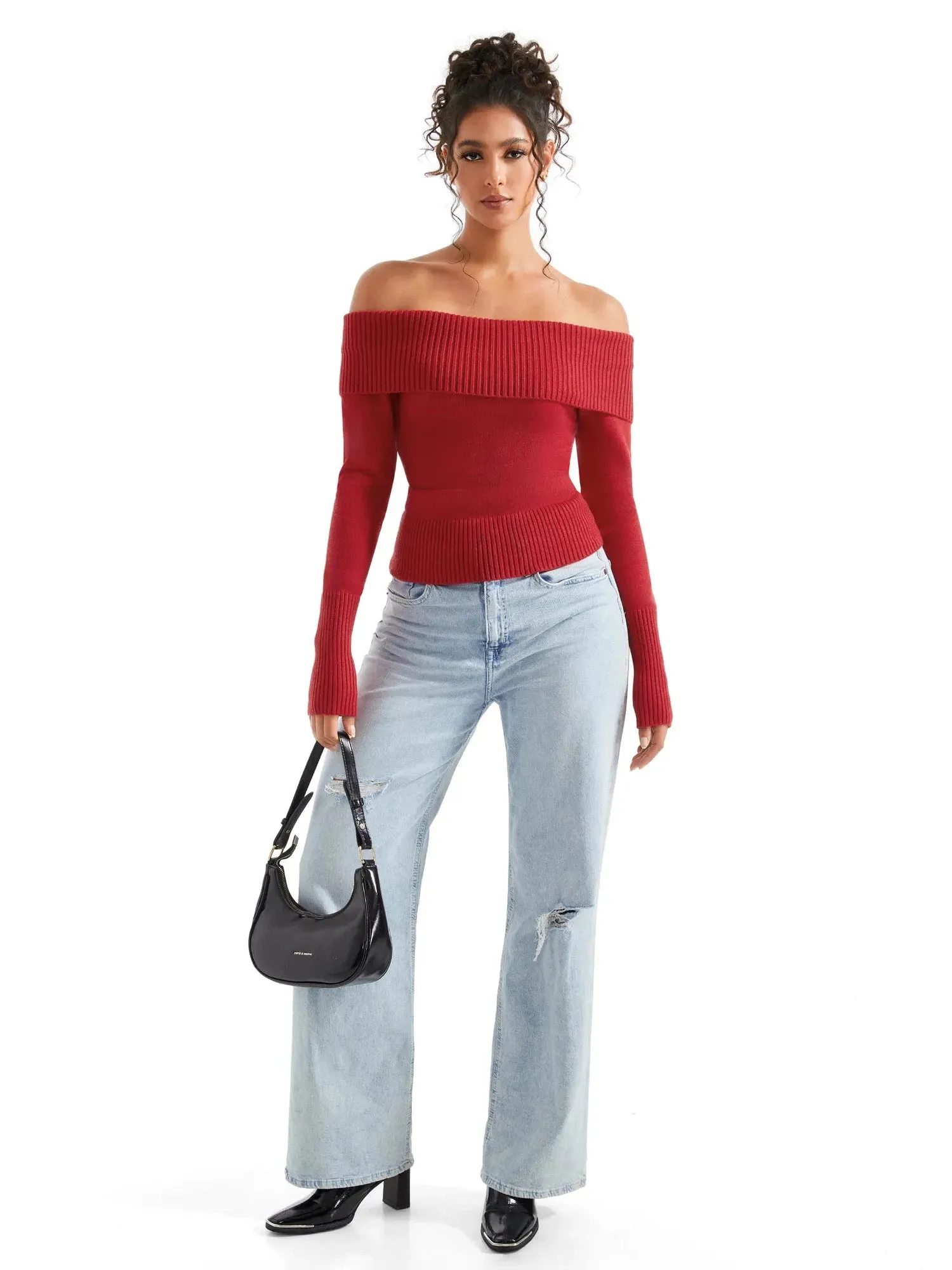Ribbed Off Shoulder Sweater Shirt - Long Sleeve