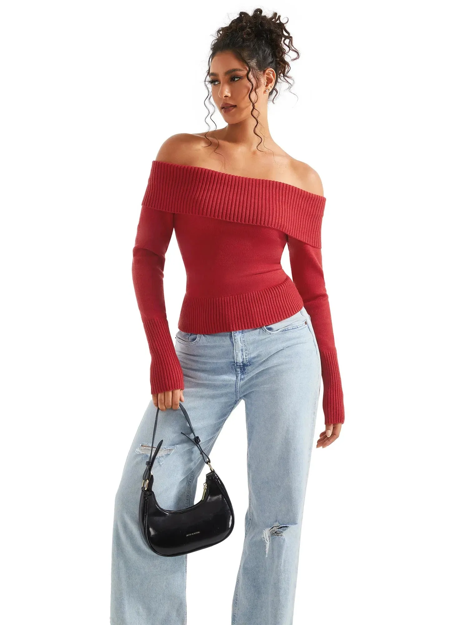 Ribbed Off Shoulder Sweater Shirt - Long Sleeve