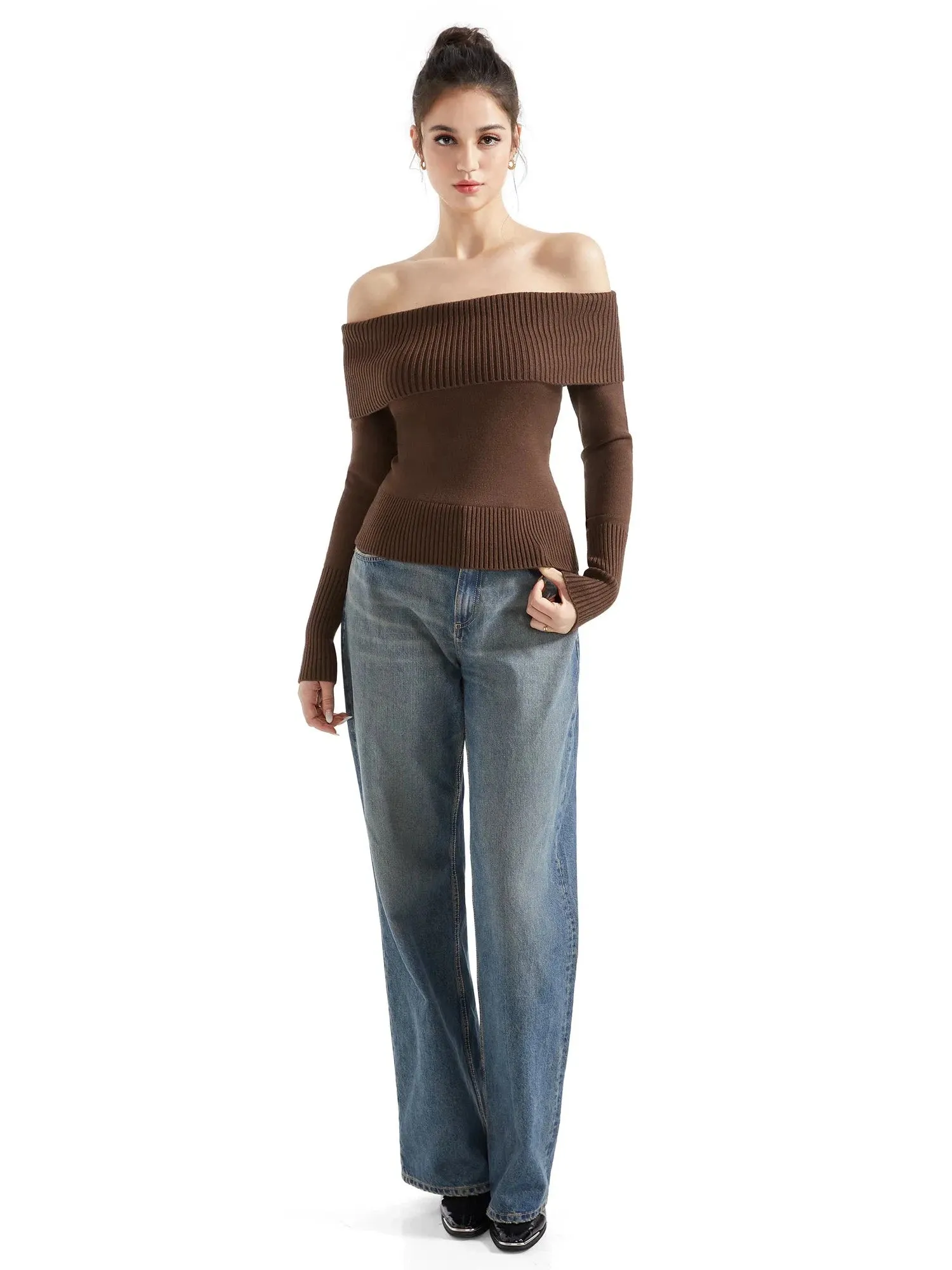 Ribbed Off Shoulder Sweater Shirt - Long Sleeve