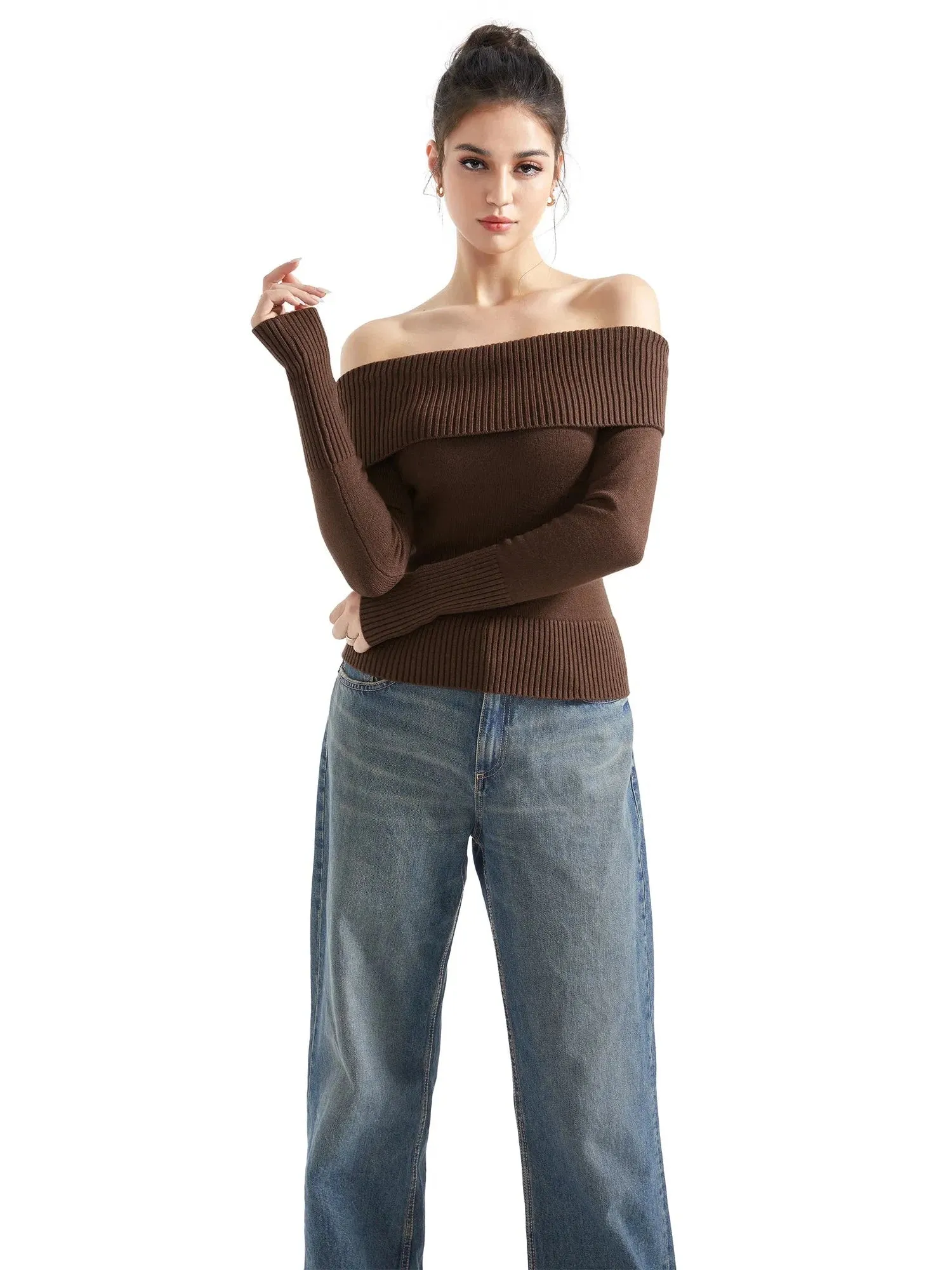 Ribbed Off Shoulder Sweater Shirt - Long Sleeve