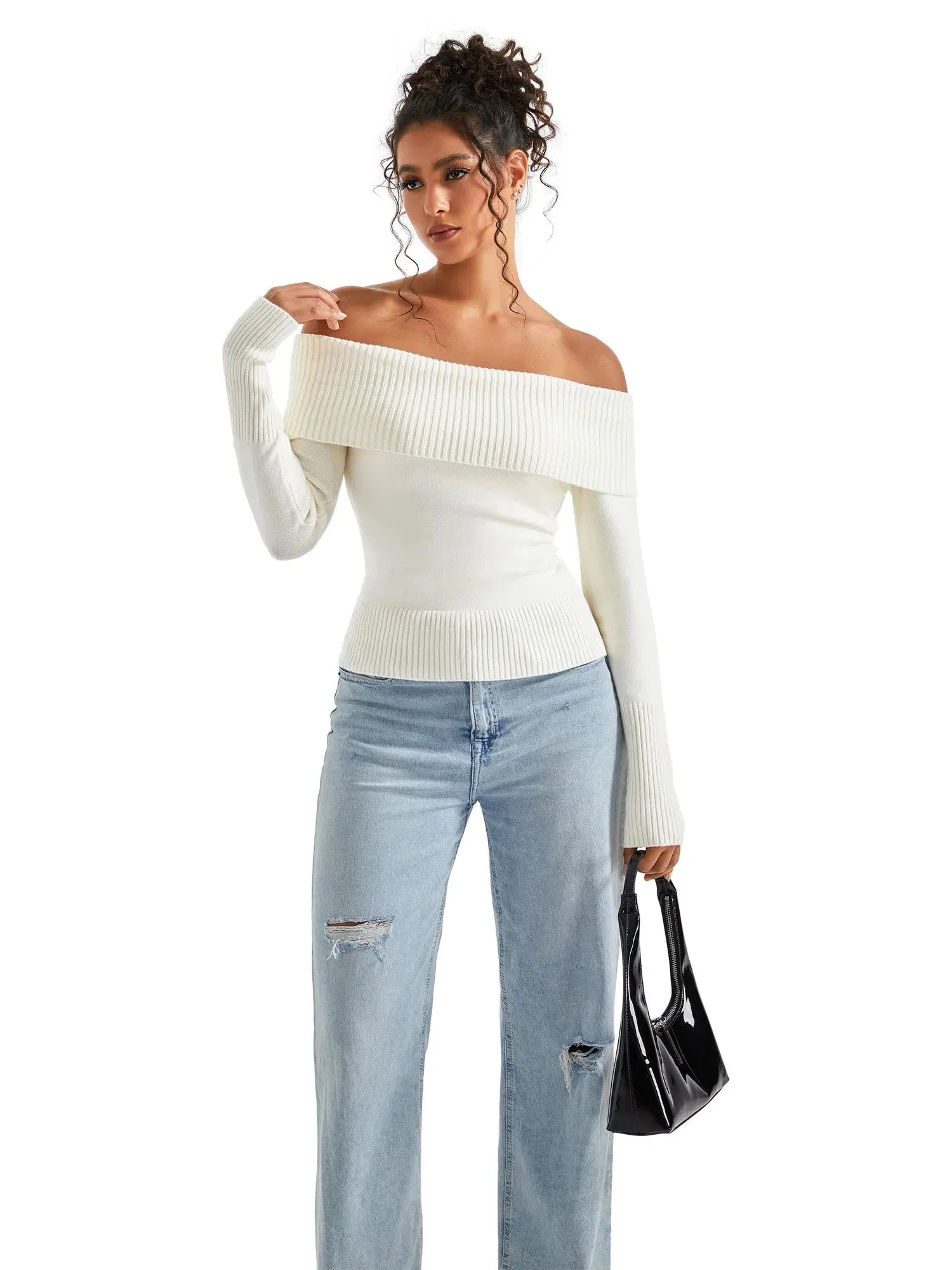 Ribbed Off Shoulder Sweater Shirt - Long Sleeve