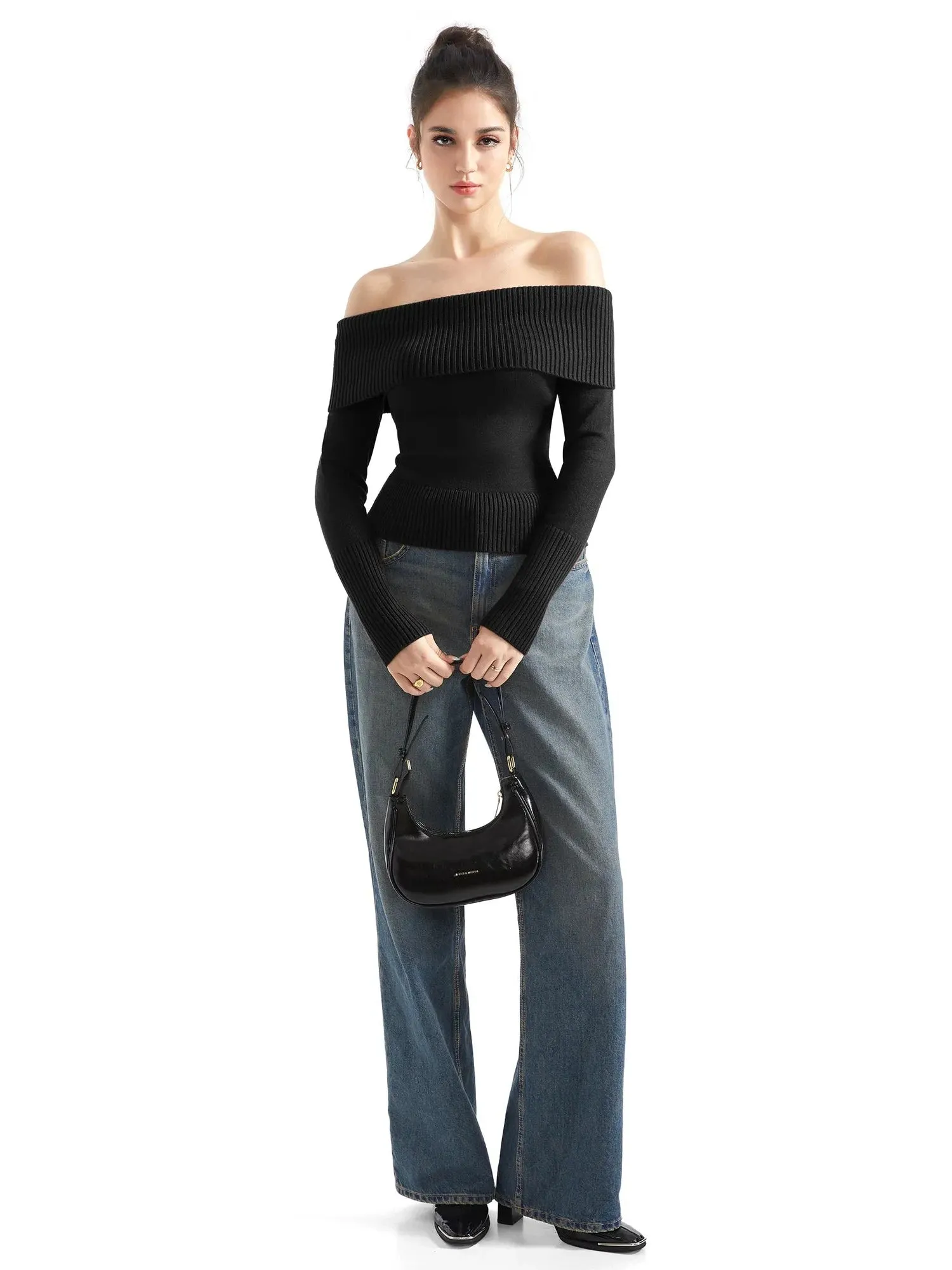 Ribbed Off Shoulder Sweater Shirt - Long Sleeve