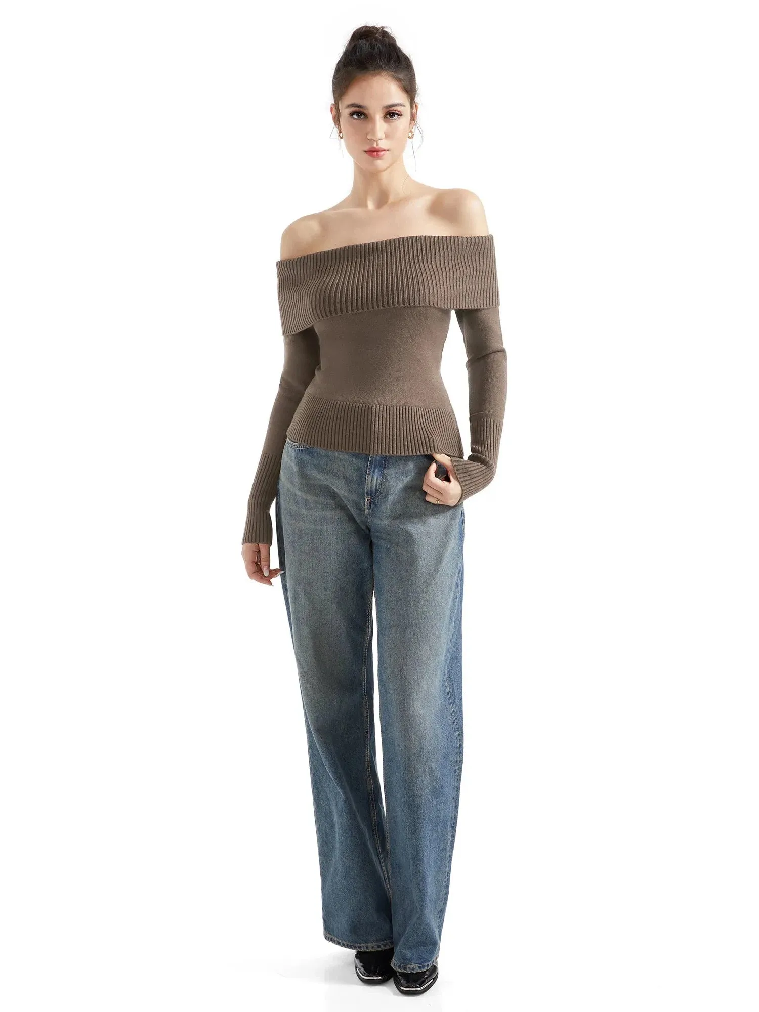 Ribbed Off Shoulder Sweater Shirt - Long Sleeve