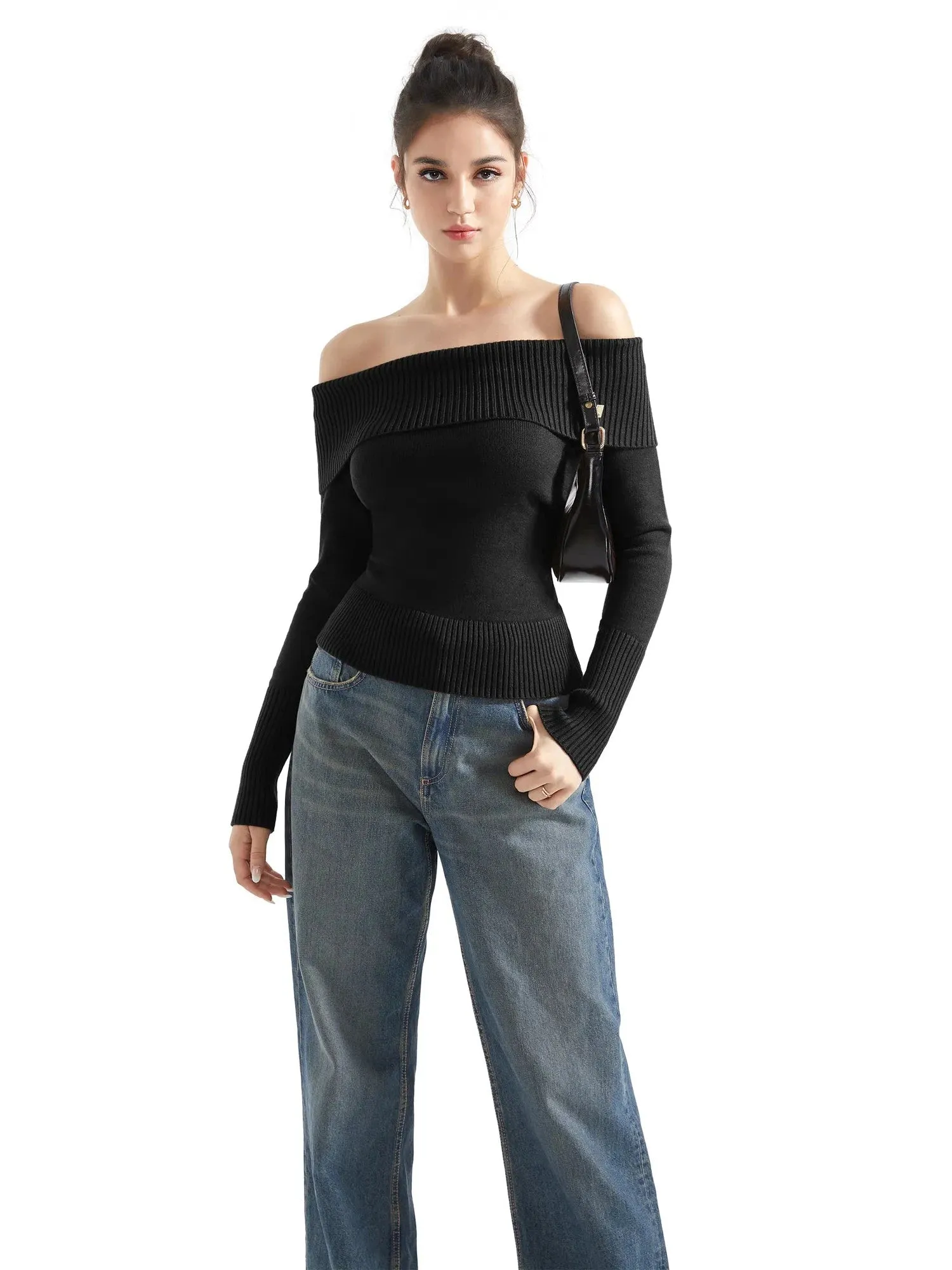 Ribbed Off Shoulder Sweater Shirt - Long Sleeve