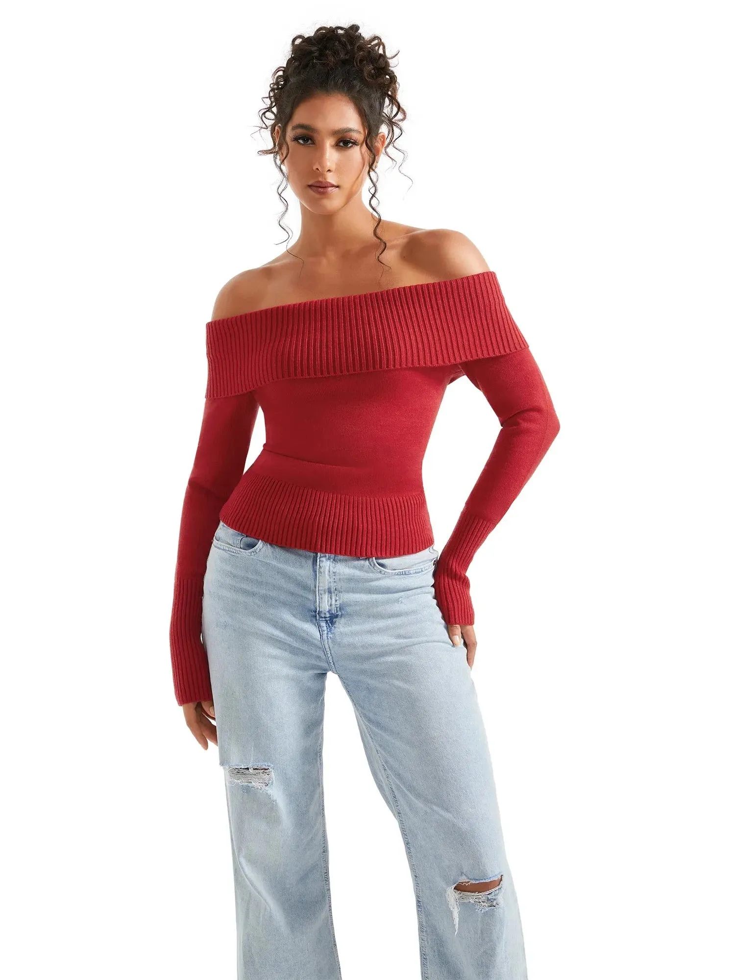 Ribbed Off Shoulder Sweater Shirt - Long Sleeve