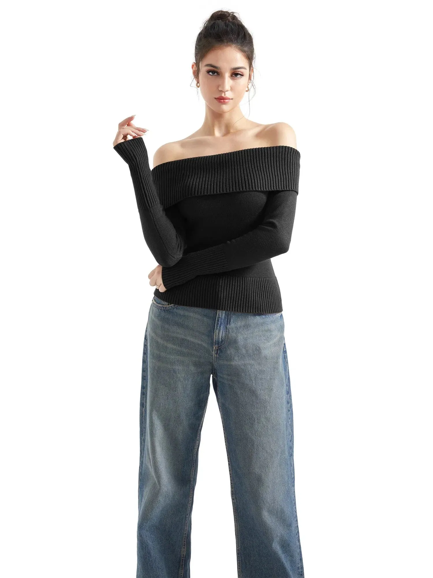 Ribbed Off Shoulder Sweater Shirt - Long Sleeve
