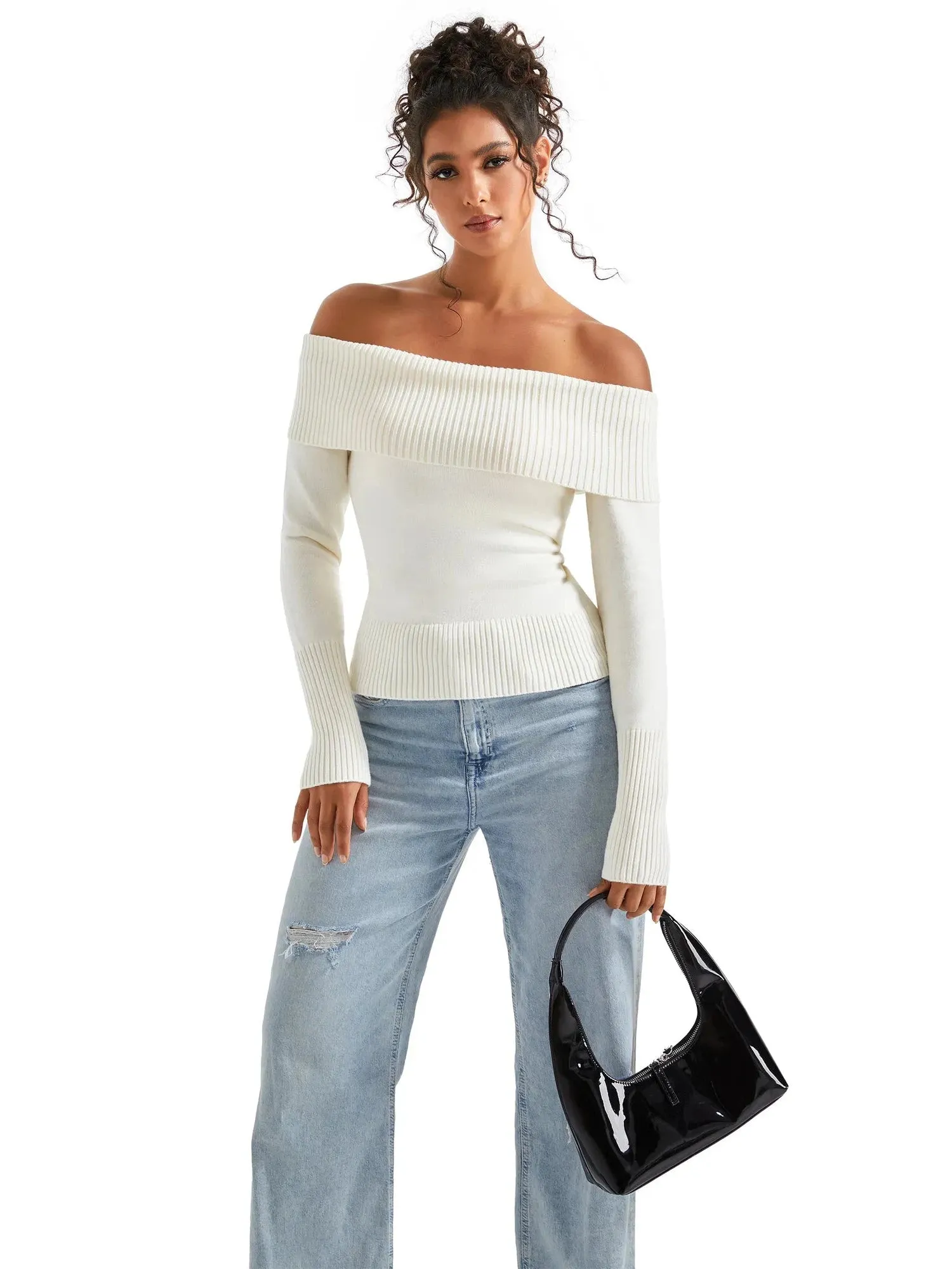 Ribbed Off Shoulder Sweater Shirt - Long Sleeve