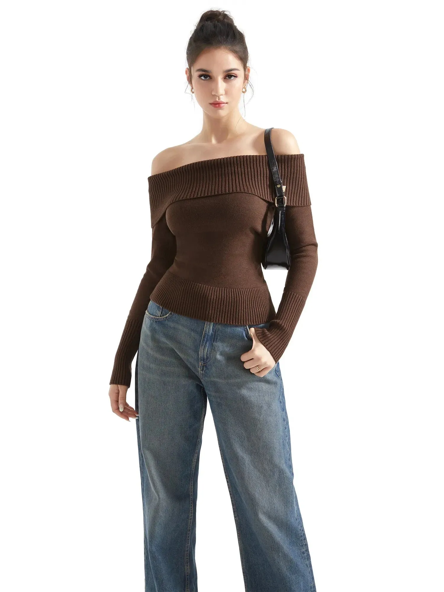 Ribbed Off Shoulder Sweater Shirt - Long Sleeve