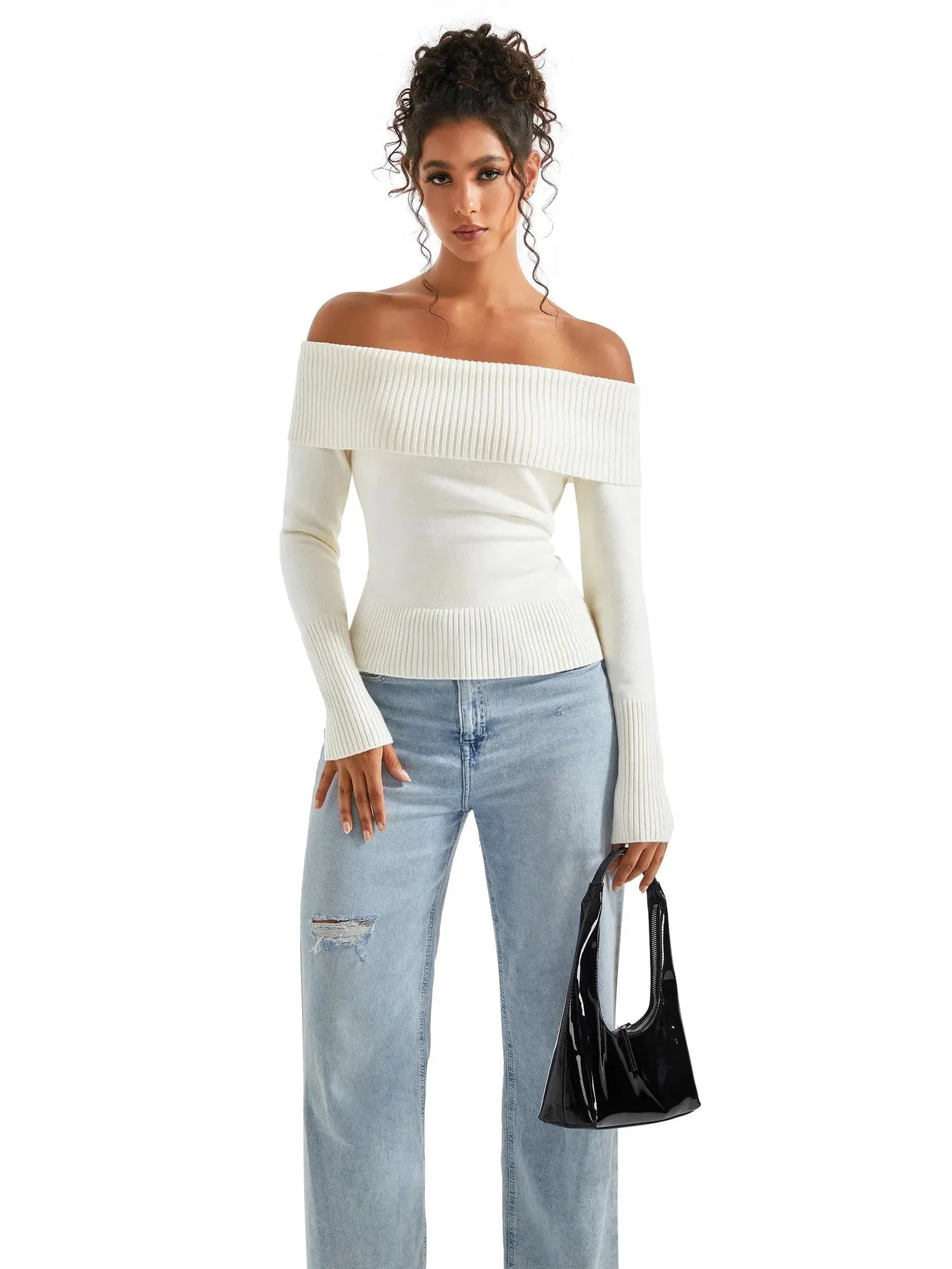 Ribbed Off Shoulder Sweater Shirt - Long Sleeve