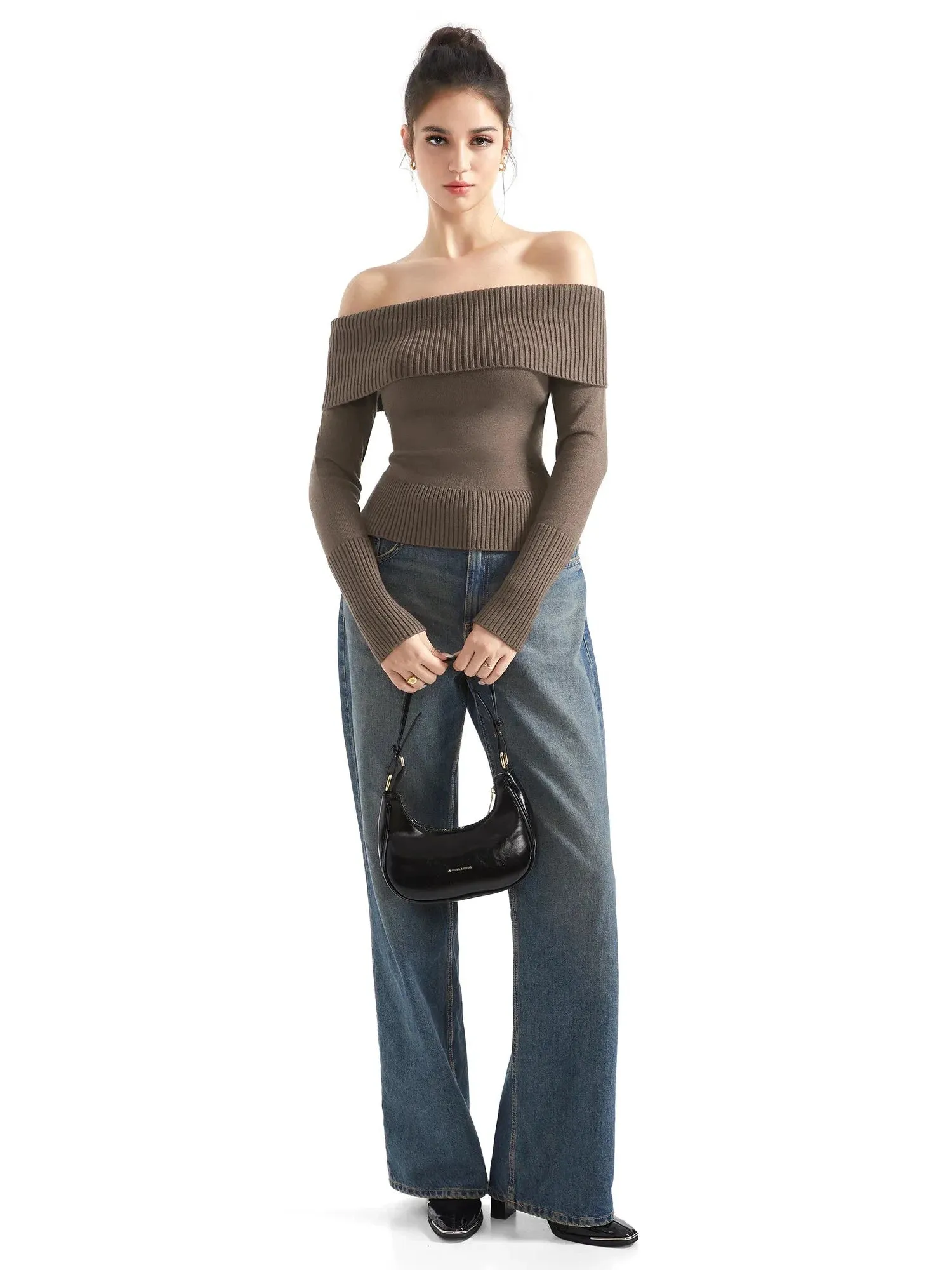 Ribbed Off Shoulder Sweater Shirt - Long Sleeve