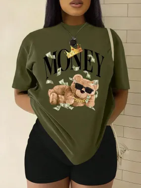 Women's Cute Bear & Letter Printed Short Sleeve T-Shirt