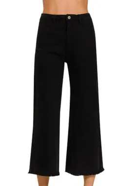 Zenana Kenzie Cropped, Denim Pants/Jeans-Flared, Frayed Hem-Solid Black