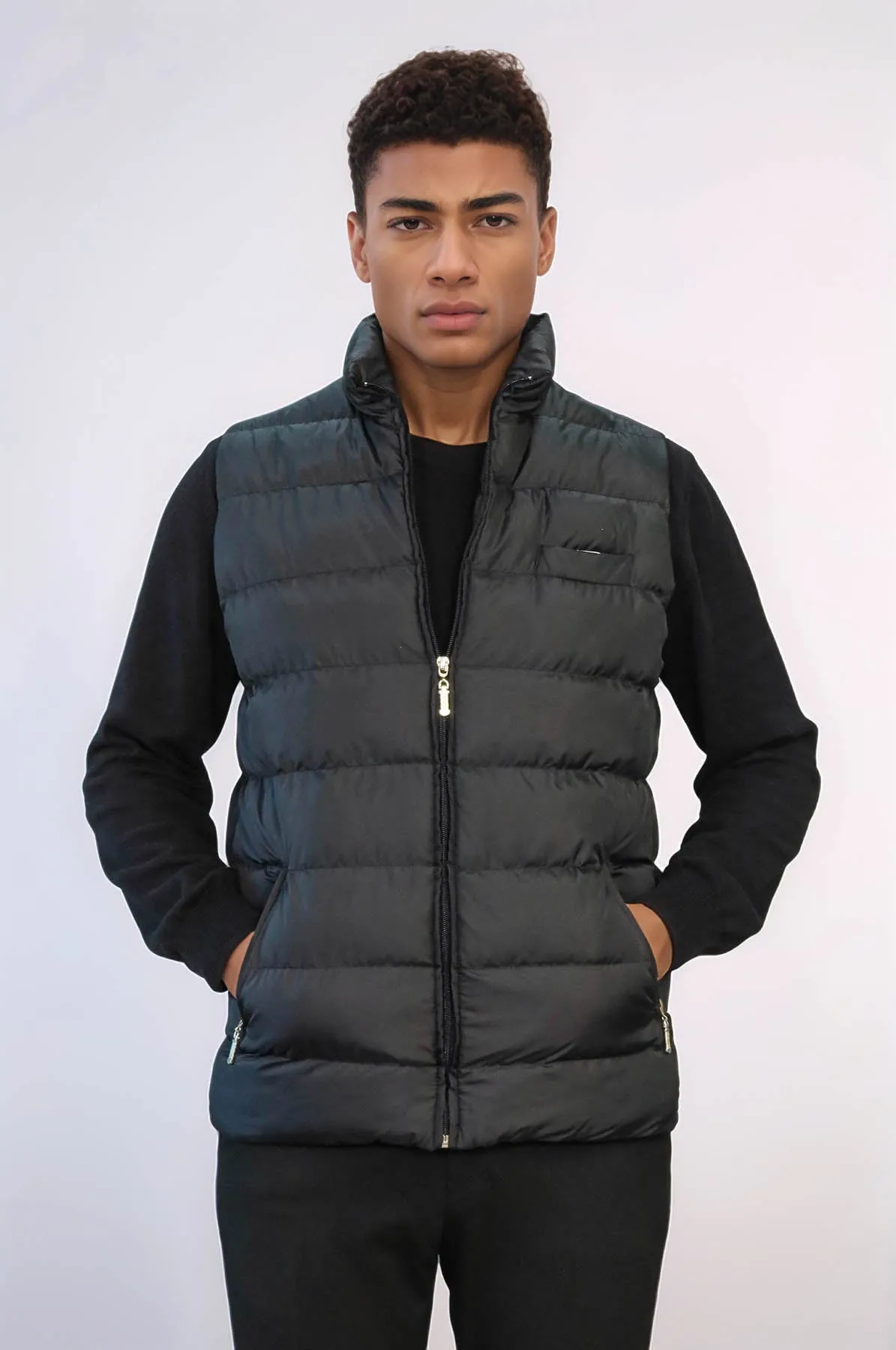 Zippered Pockets Quilted Black Men Winter Down Vest - Wessi