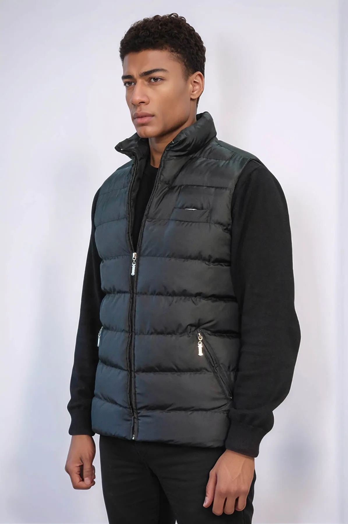 Zippered Pockets Quilted Black Men Winter Down Vest - Wessi